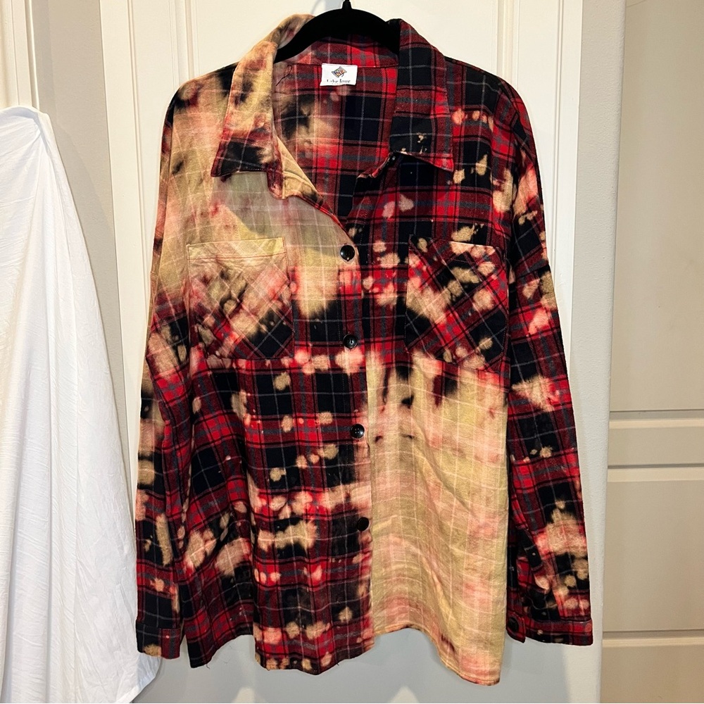 Like Love Plaid Flannel Button Down Shirt L Bleached Reworked Grunge Women’s